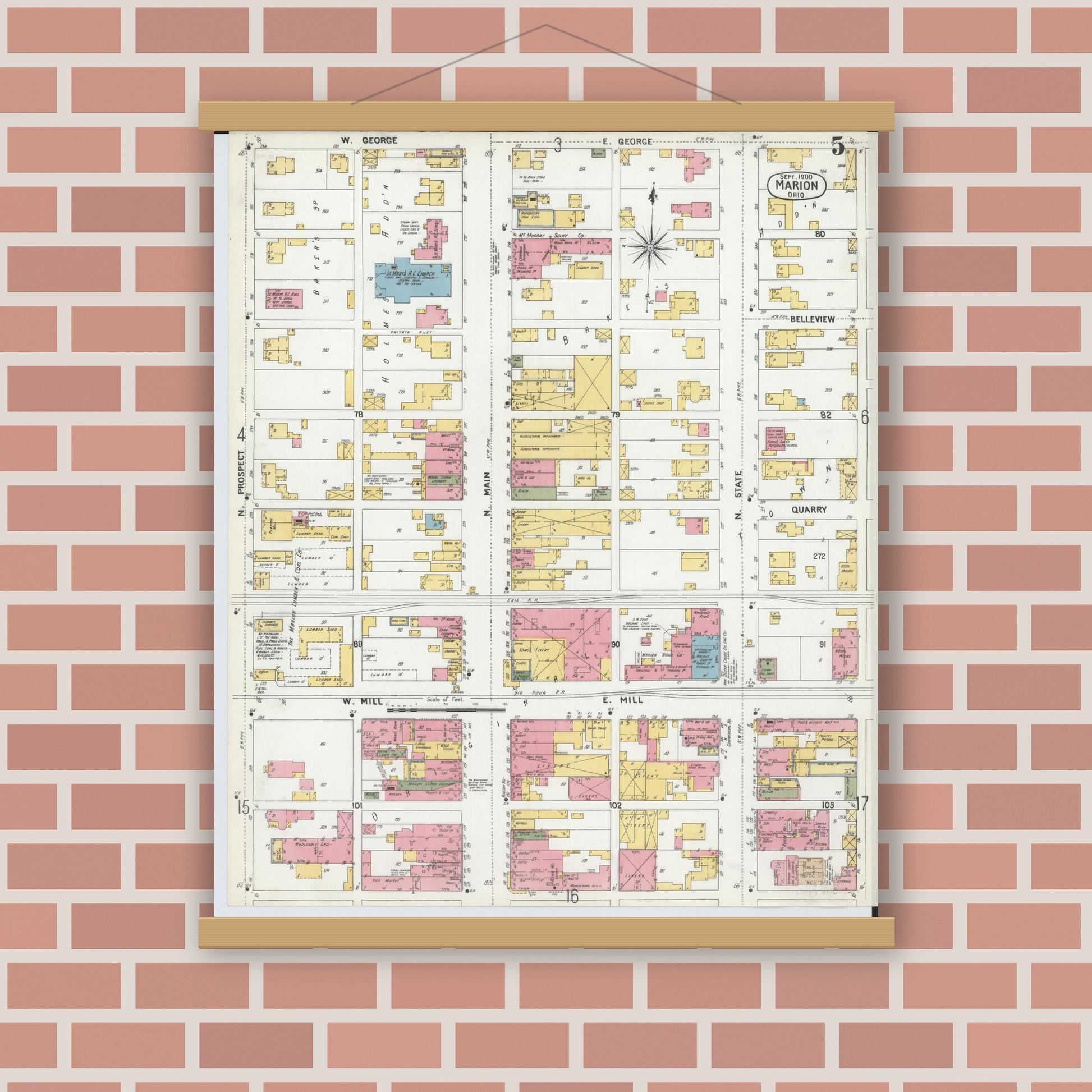 Old map wall art mockup — magnetic wood frame on brick wall — Sanborn Fire Insurance Map from Marion, Marion County, Ohio (1900), Sheet #0005