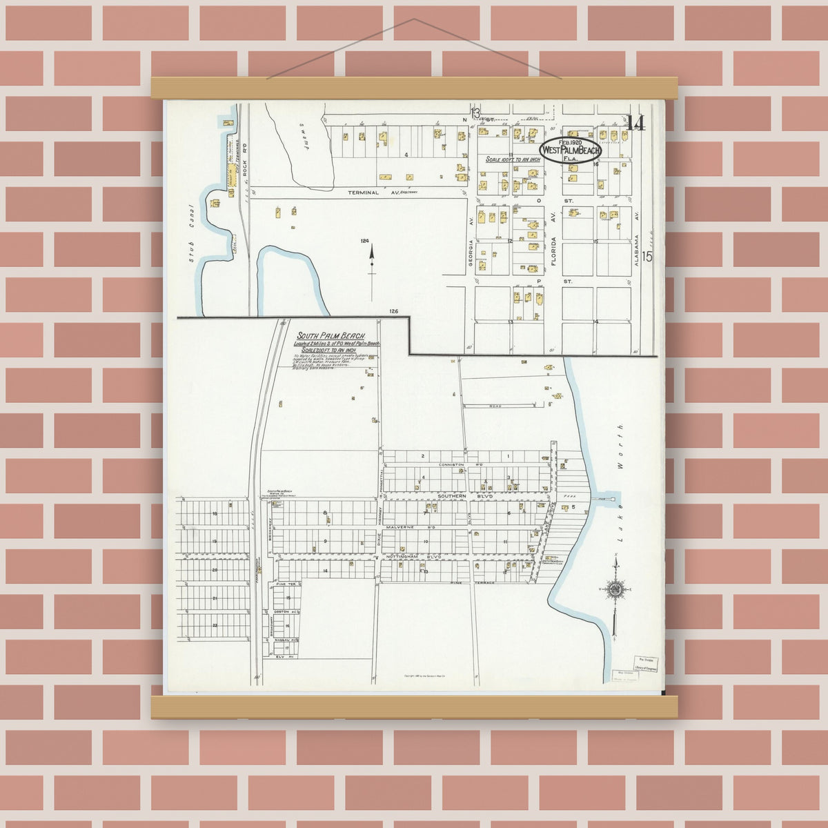 Old map wall art mockup — magnetic wood frame on brick wall — Sanborn Fire Insurance Map from West Palm Beach, Dade County, Florida (1920), Sheet #0014