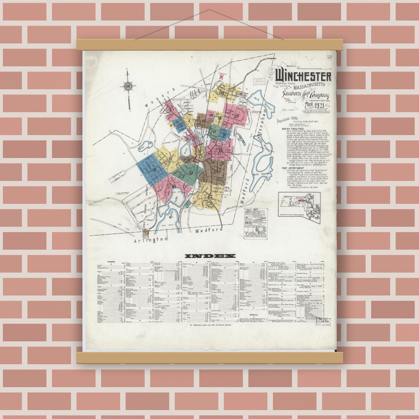 Old map wall art mockup — magnetic wood frame on brick wall — Sanborn Fire Insurance Map from Winchester, Middlesex County, Massachusetts (1921) - Complete Map Set