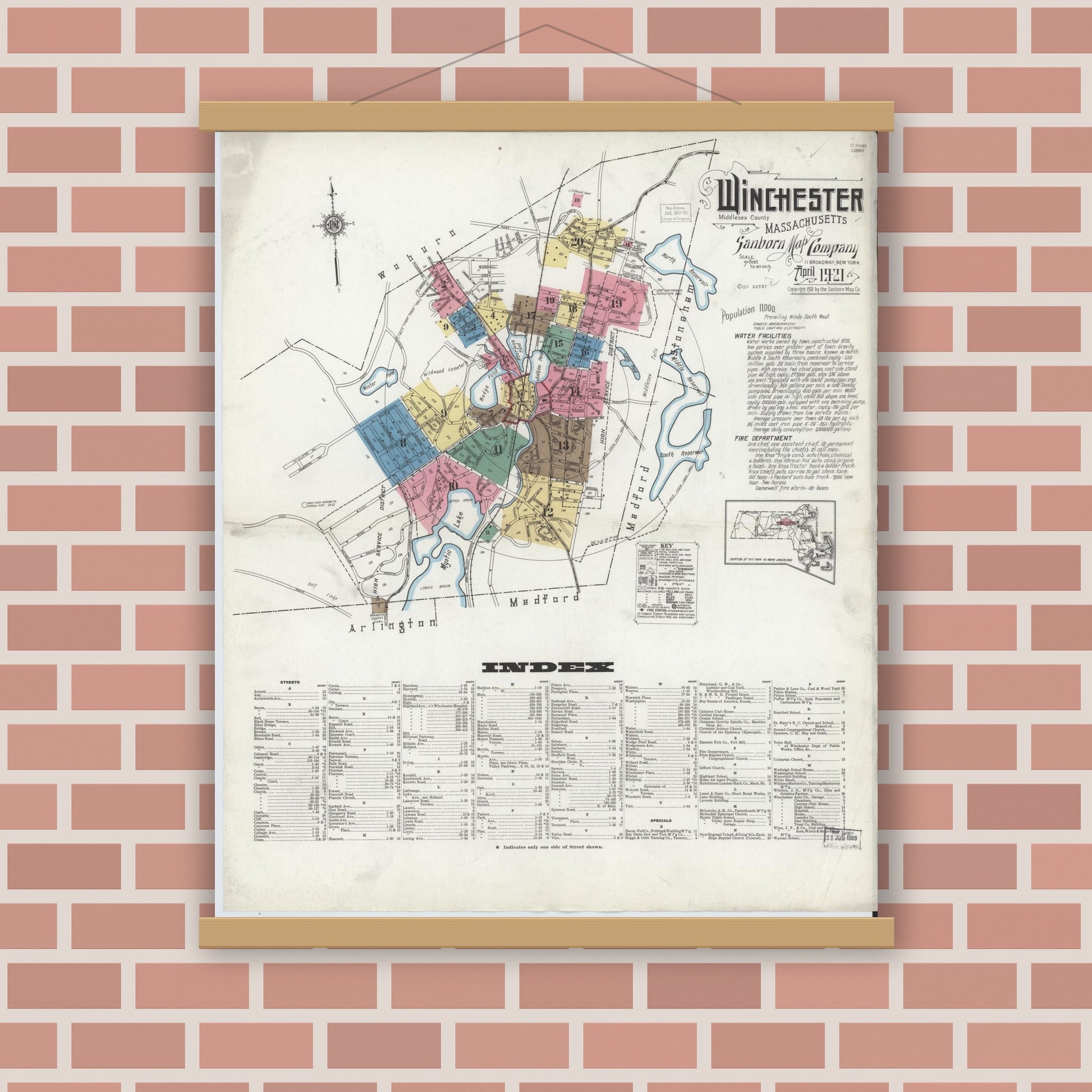 Old map wall art mockup — magnetic wood frame on brick wall — Sanborn Fire Insurance Map from Winchester, Middlesex County, Massachusetts (1921) - Complete Map Set