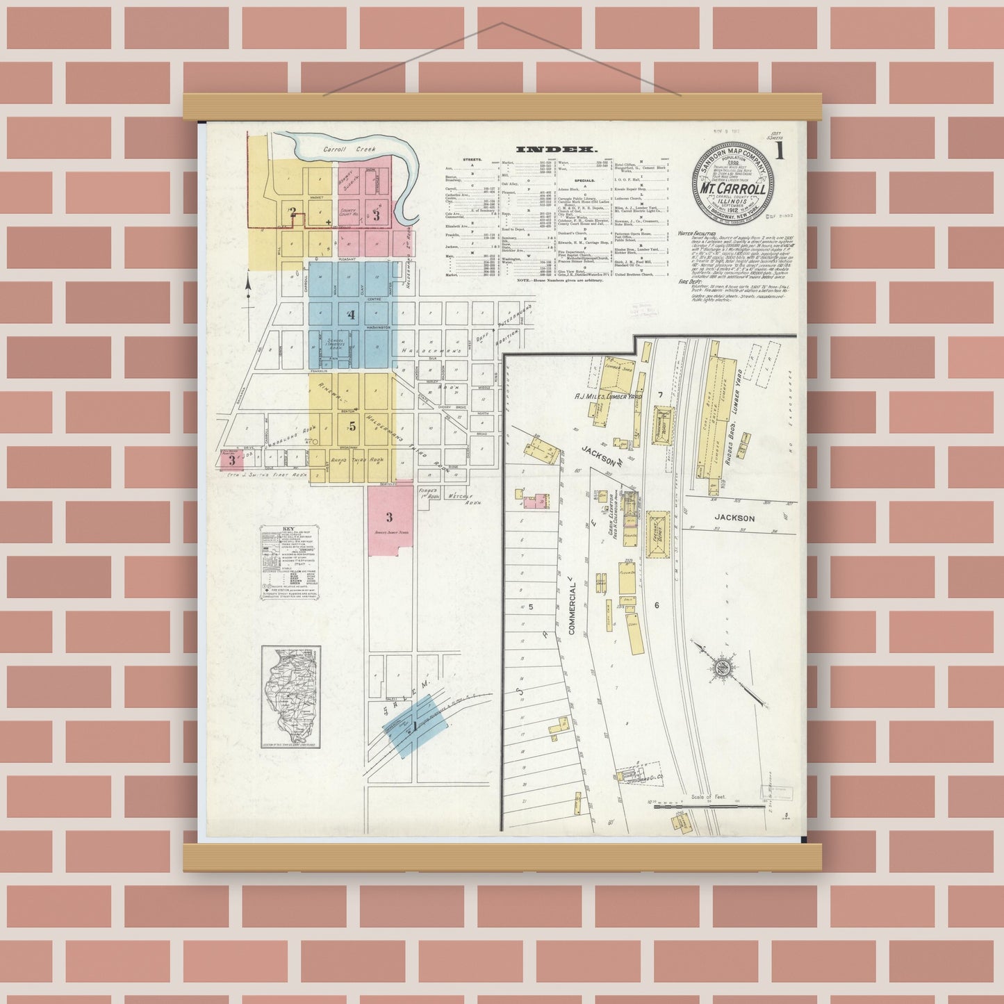 Old map wall art mockup — magnetic wood frame on brick wall — Sanborn Fire Insurance Map from Mount Carroll, Carroll County, Illinois (1912), Sheet #0001