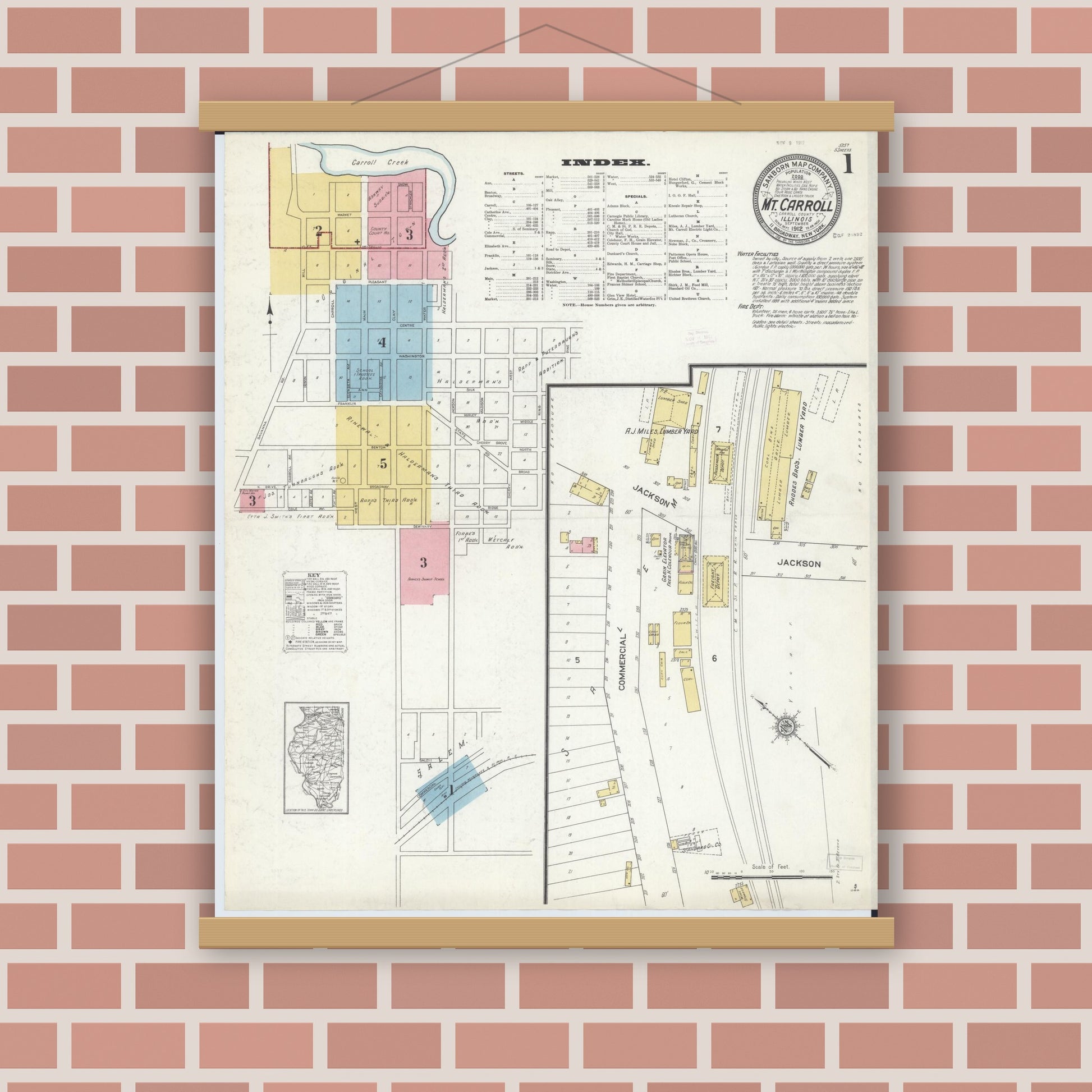 Old map wall art mockup — magnetic wood frame on brick wall — Sanborn Fire Insurance Map from Mount Carroll, Carroll County, Illinois (1912), Sheet #0001
