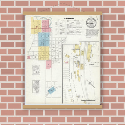 Old map wall art mockup — magnetic wood frame on brick wall — Sanborn Fire Insurance Map from Mount Carroll, Carroll County, Illinois (1912), Sheet #0001