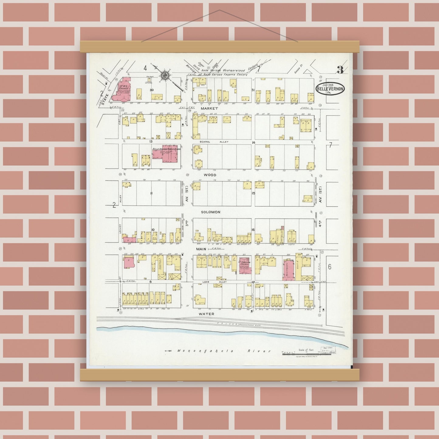 Old map wall art mockup — magnetic wood frame on brick wall — Sanborn Fire Insurance Map from Belle Vernon, Fayette County, Pennsylvania (1918), Sheet #0003