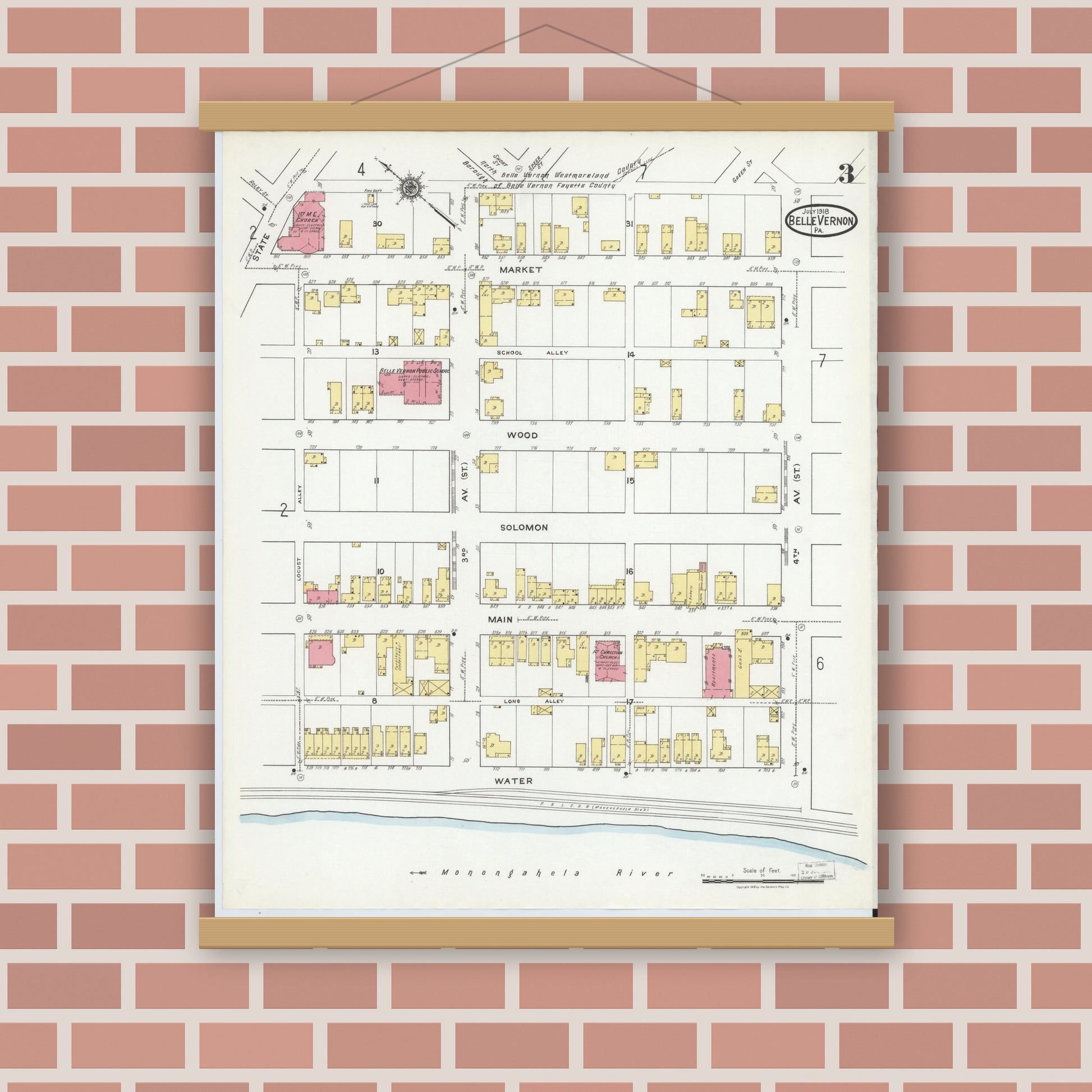 Old map wall art mockup — magnetic wood frame on brick wall — Sanborn Fire Insurance Map from Belle Vernon, Fayette County, Pennsylvania (1918), Sheet #0003