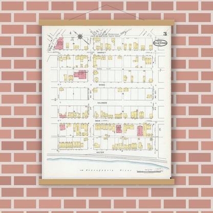 Old map wall art mockup — magnetic wood frame on brick wall — Sanborn Fire Insurance Map from Belle Vernon, Fayette County, Pennsylvania (1918), Sheet #0003