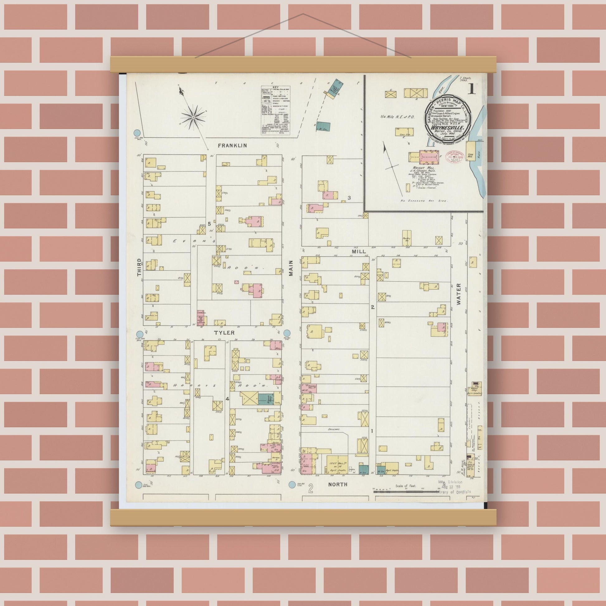 Old map wall art mockup — magnetic wood frame on brick wall — Sanborn Fire Insurance Map from Waynesville, Warren County, Ohio (1895), Sheet #0001