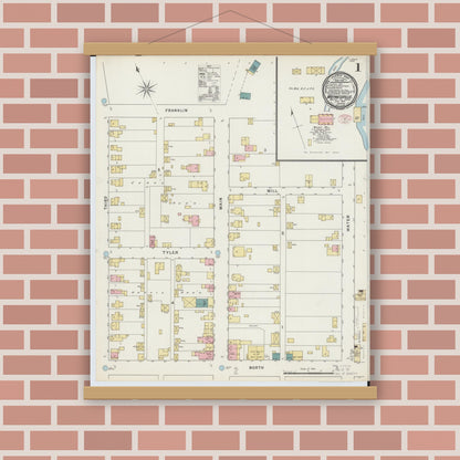 Old map wall art mockup — magnetic wood frame on brick wall — Sanborn Fire Insurance Map from Waynesville, Warren County, Ohio (1895), Sheet #0001