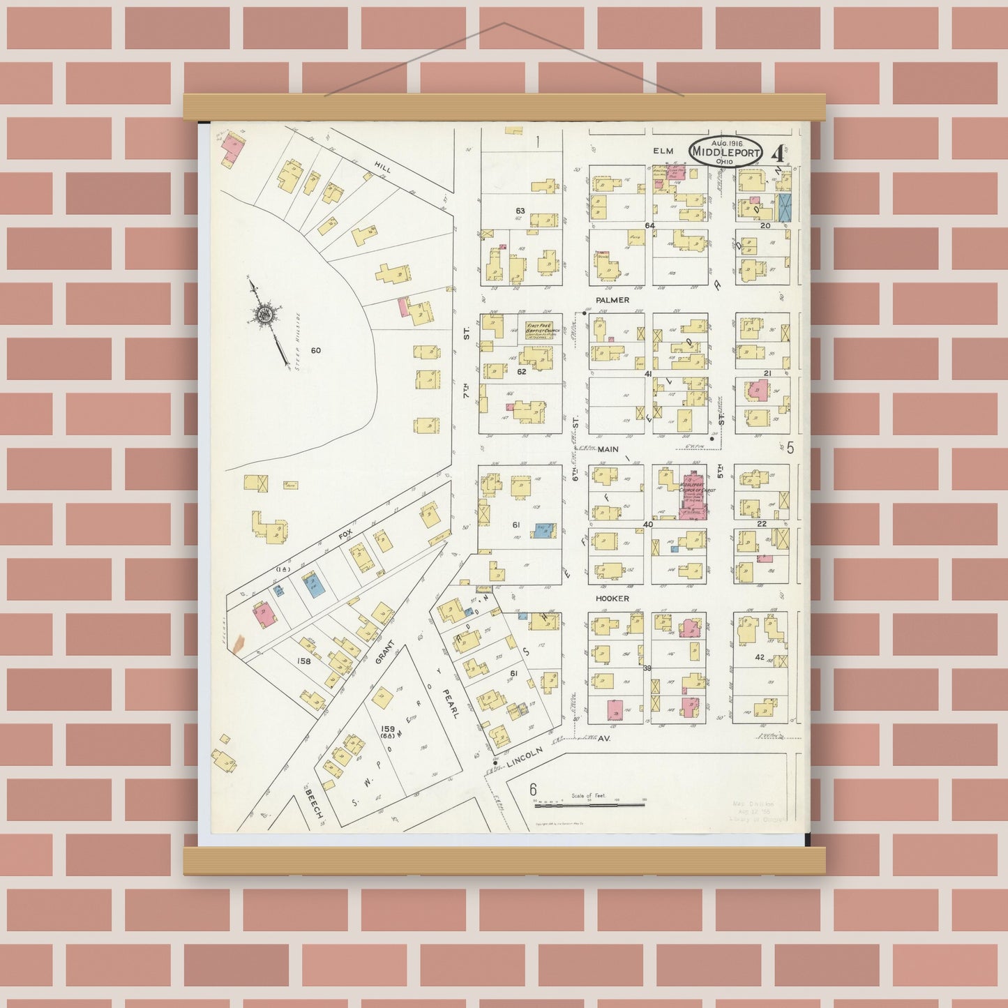 Old map wall art mockup — magnetic wood frame on brick wall — Sanborn Fire Insurance Map from Middleport, Meigs County, Ohio (1916), Sheet #0004