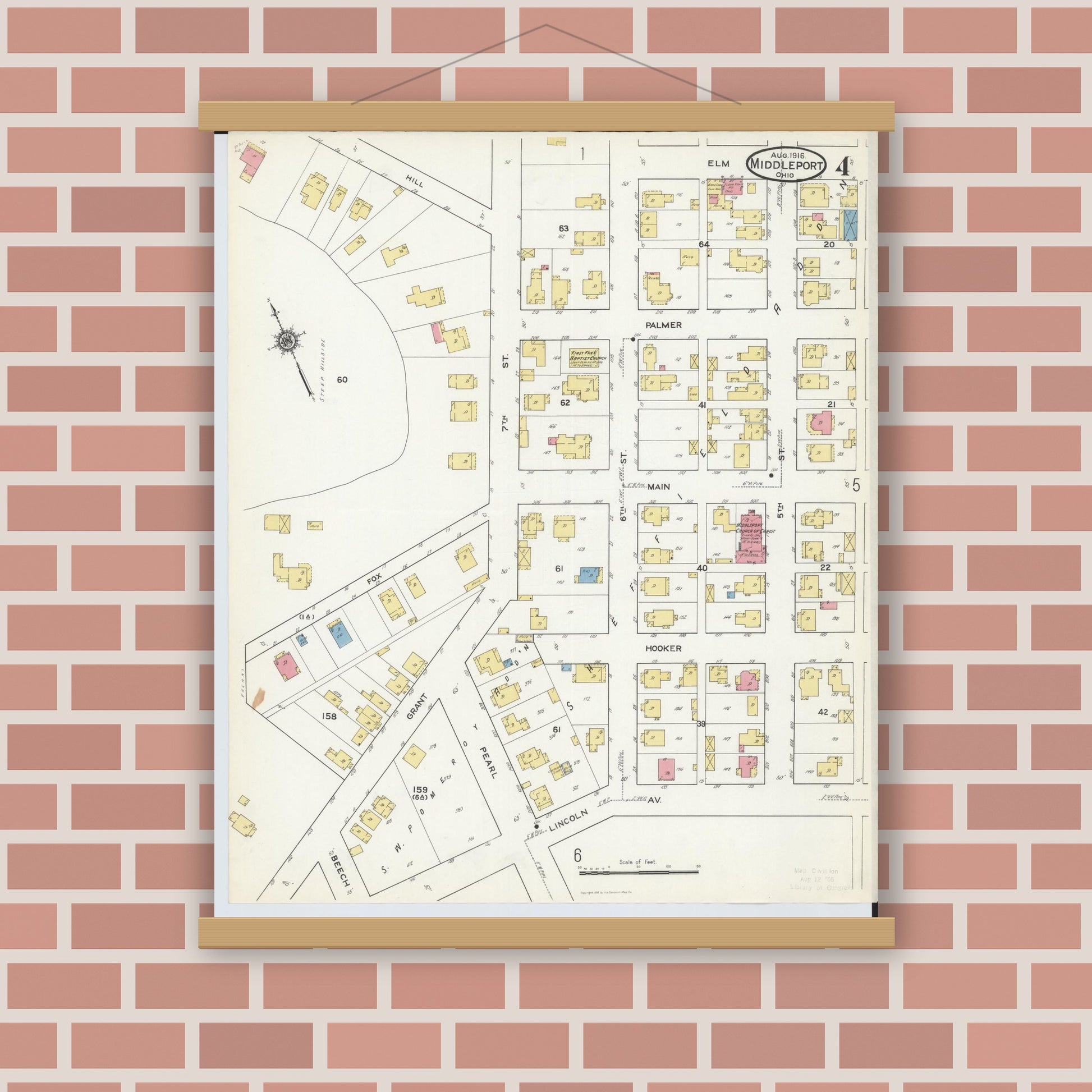 Old map wall art mockup — magnetic wood frame on brick wall — Sanborn Fire Insurance Map from Middleport, Meigs County, Ohio (1916), Sheet #0004