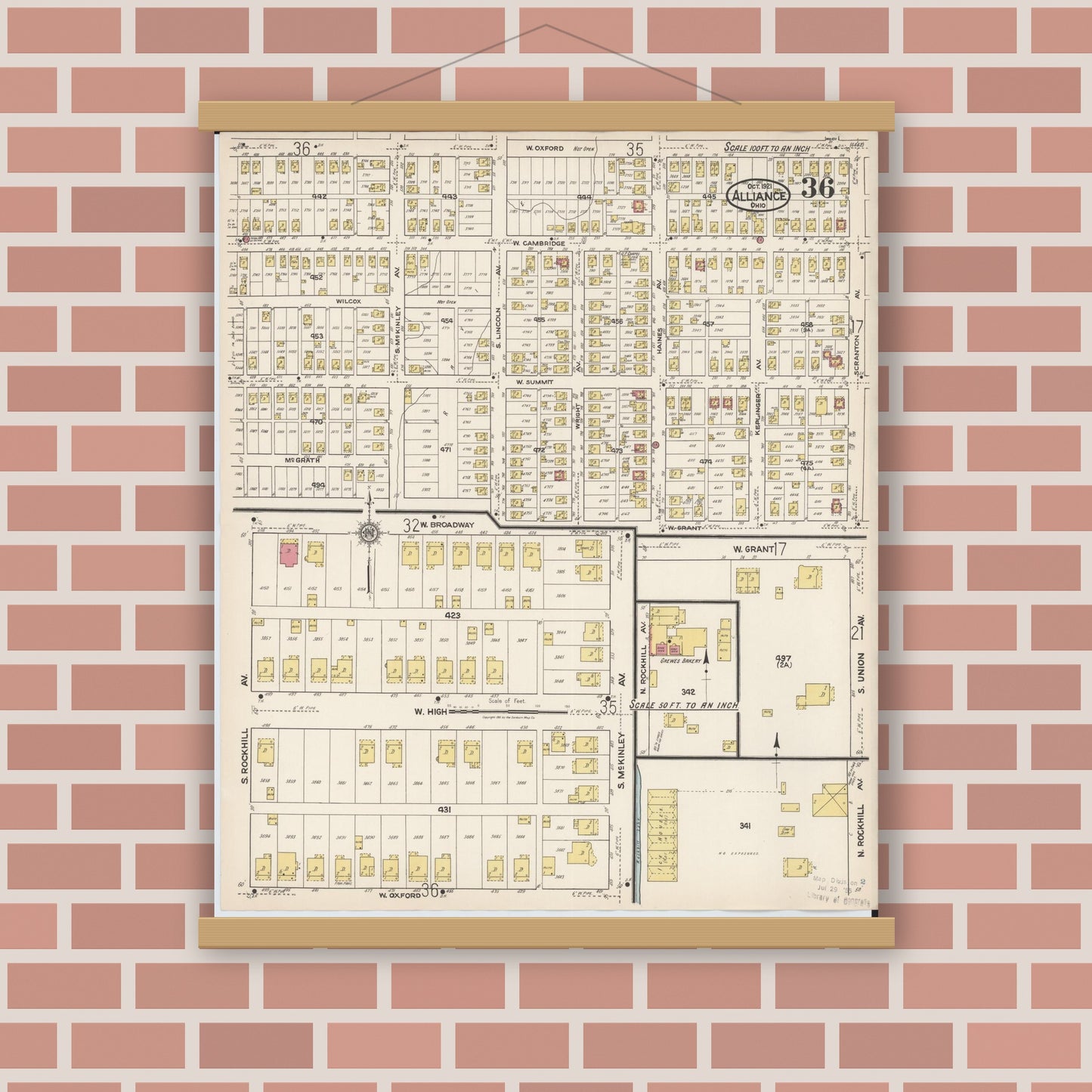 Old map wall art mockup — magnetic wood frame on brick wall — Sanborn Fire Insurance Map from Alliance, Stark County, Ohio (1921), Sheet #0036