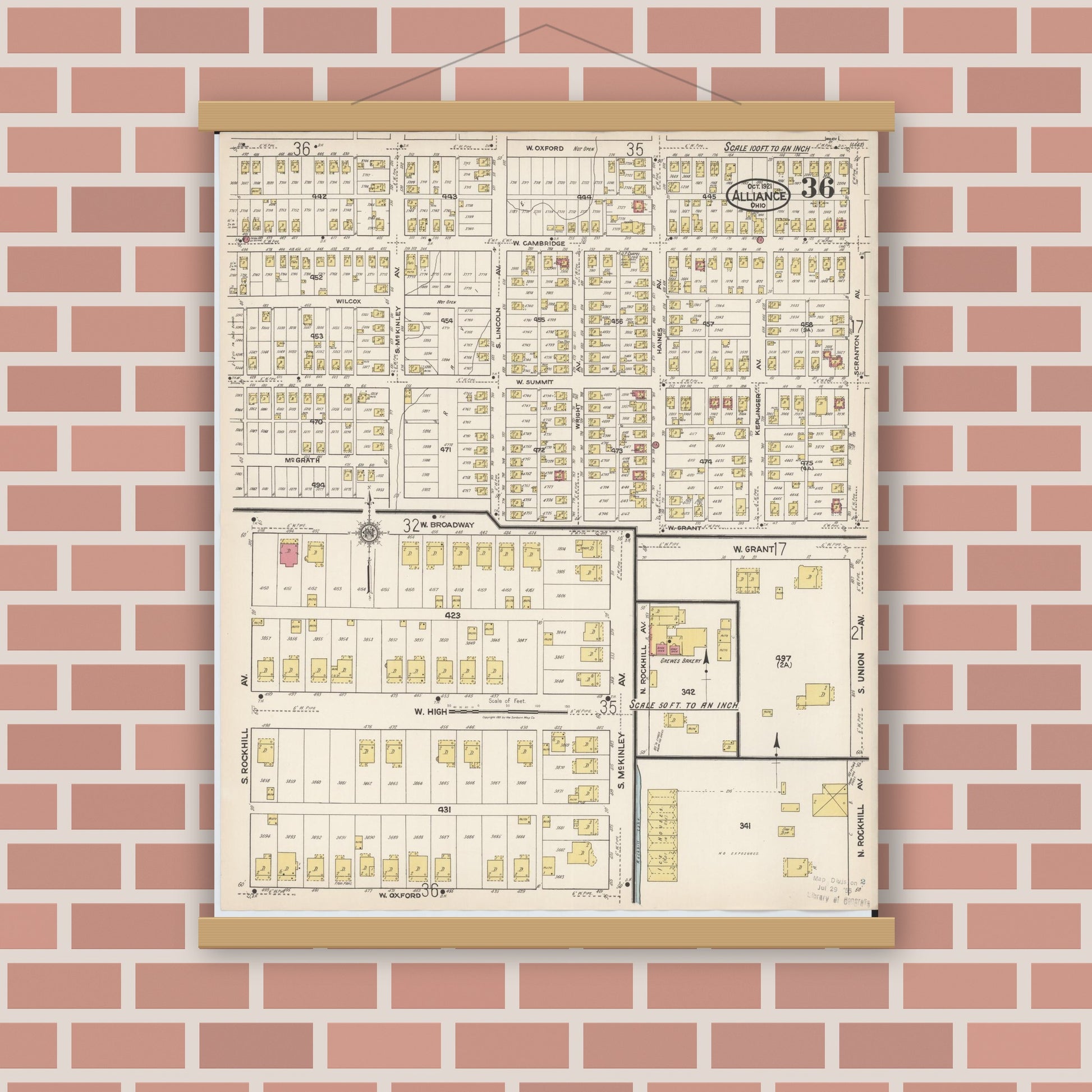 Old map wall art mockup — magnetic wood frame on brick wall — Sanborn Fire Insurance Map from Alliance, Stark County, Ohio (1921), Sheet #0036