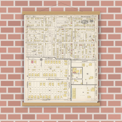 Old map wall art mockup — magnetic wood frame on brick wall — Sanborn Fire Insurance Map from Alliance, Stark County, Ohio (1921), Sheet #0036