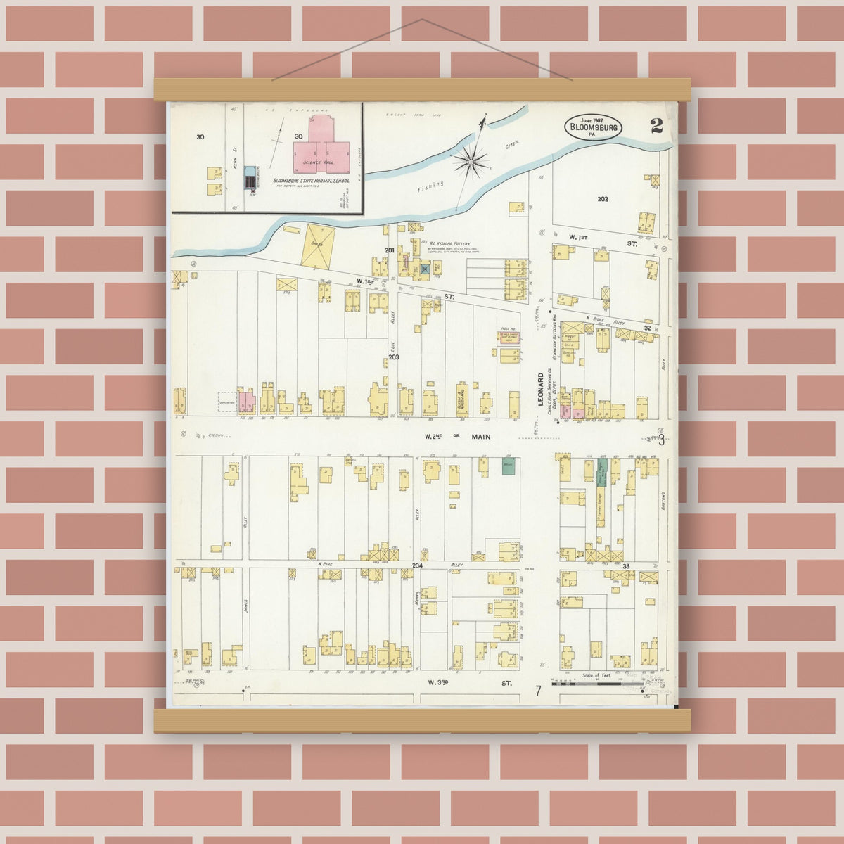 Old map wall art mockup — magnetic wood frame on brick wall — Sanborn Fire Insurance Map from Bloomsburg, Columbia County, Pennsylvania (1907), Sheet #0002