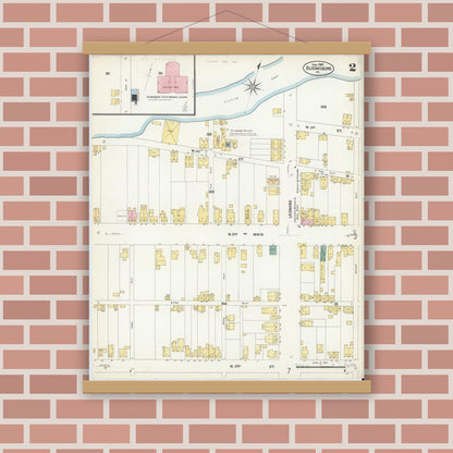 Old map wall art mockup — magnetic wood frame on brick wall — Sanborn Fire Insurance Map from Bloomsburg, Columbia County, Pennsylvania (1907), Sheet #0002