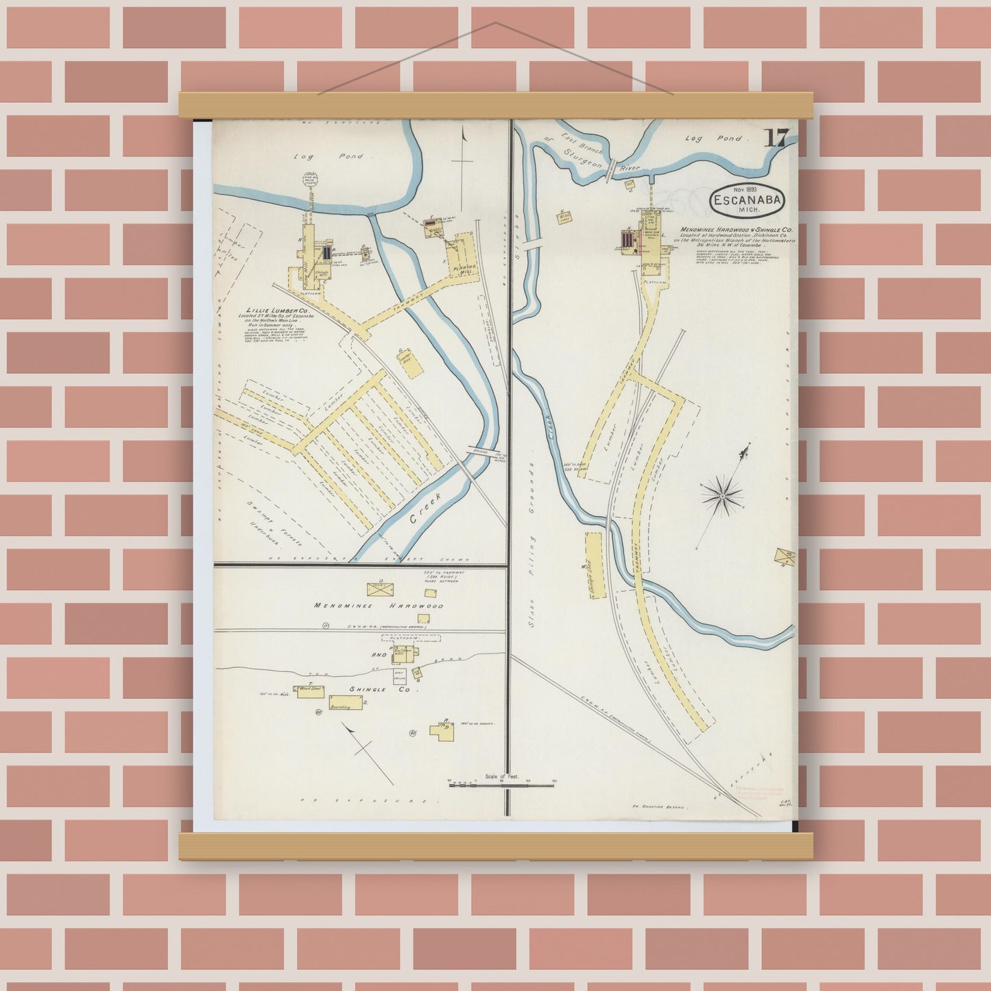 Old map wall art mockup — magnetic wood frame on brick wall — Sanborn Fire Insurance Map from Escanaba, Delta County, Michigan (1893), Sheet #0017