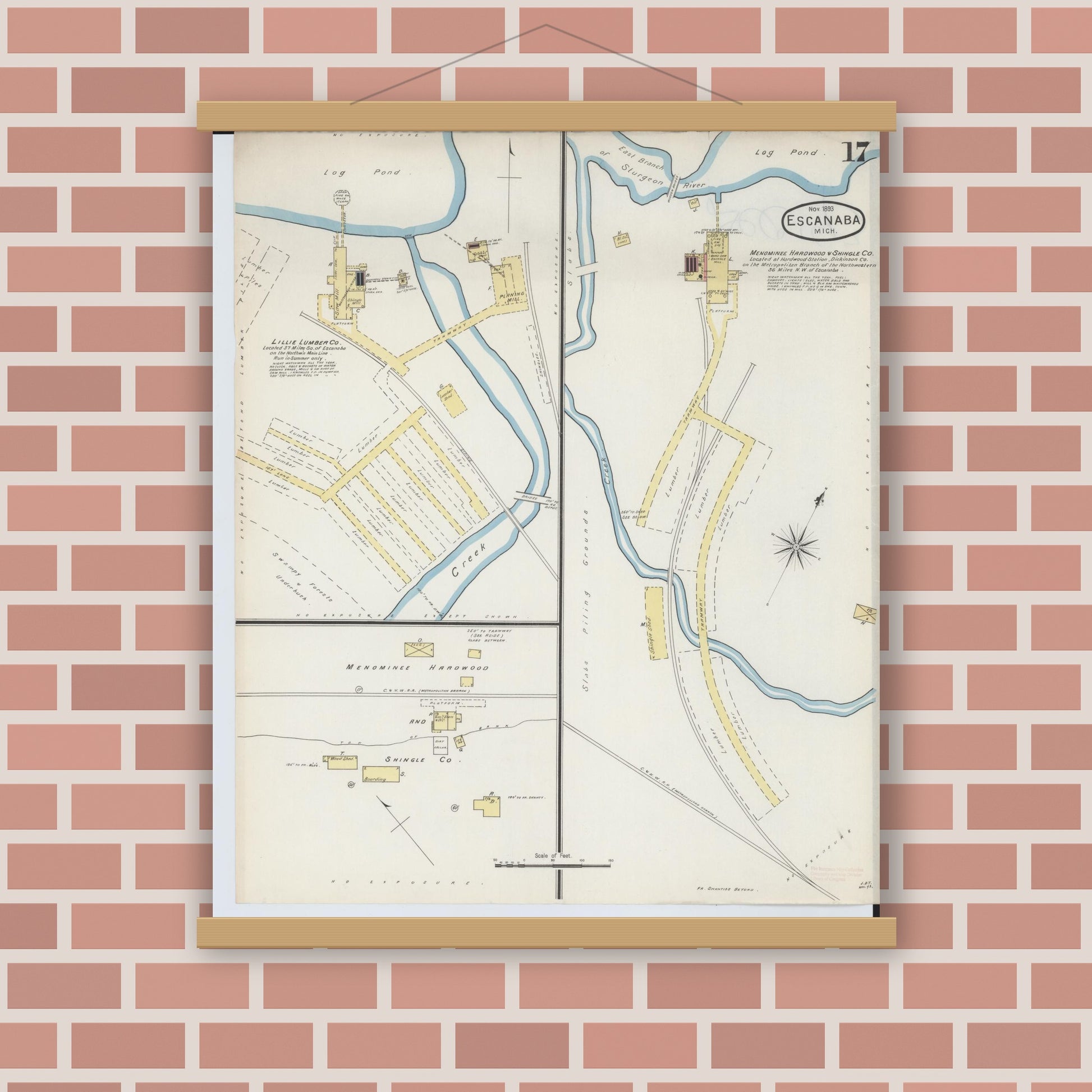 Old map wall art mockup — magnetic wood frame on brick wall — Sanborn Fire Insurance Map from Escanaba, Delta County, Michigan (1893), Sheet #0017