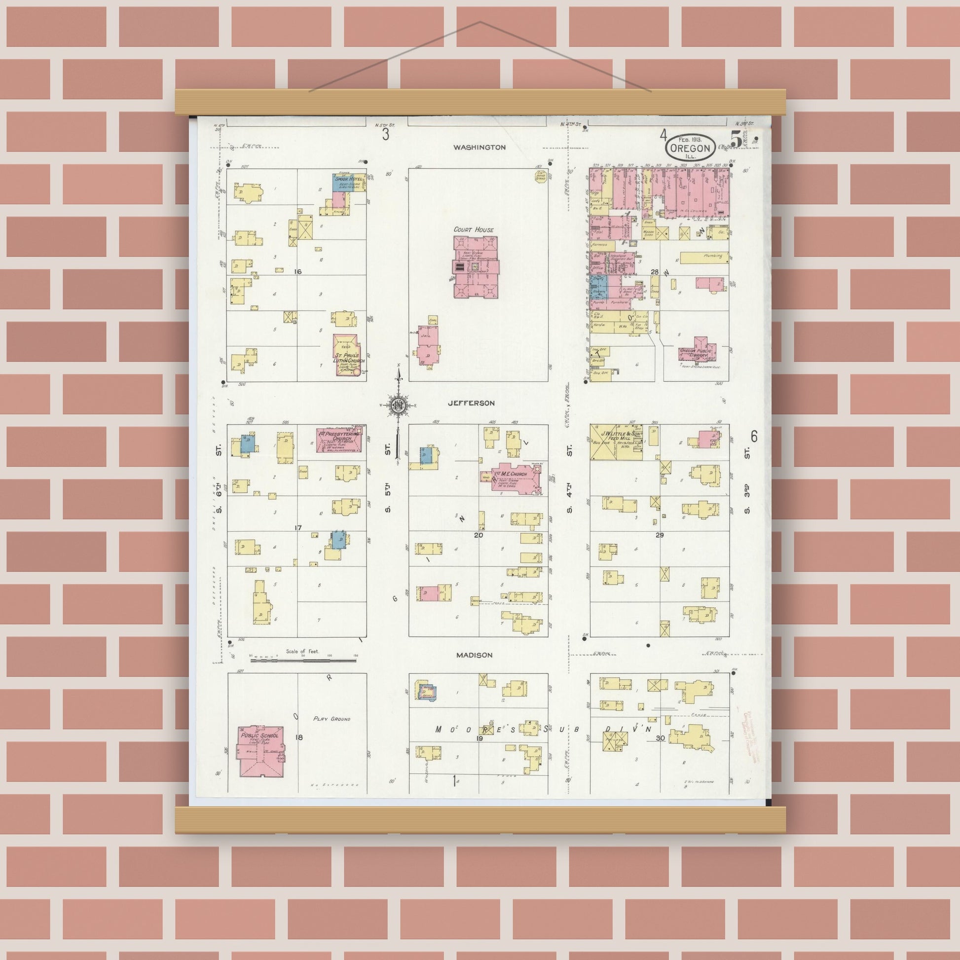 Old map wall art mockup — magnetic wood frame on brick wall — Sanborn Fire Insurance Map from Oregon, Ogle County, Illinois (1913), Sheet #0005