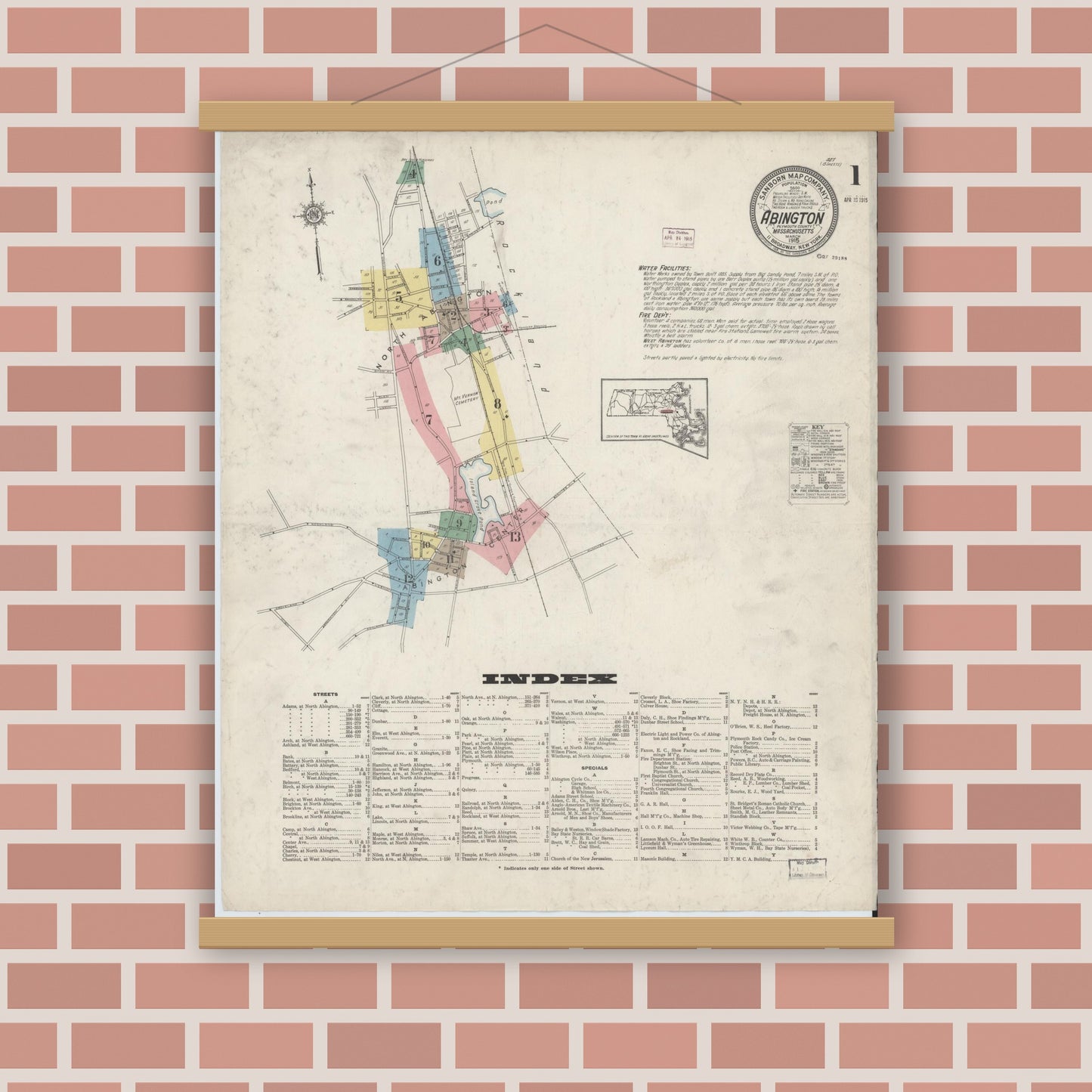 Old map wall art mockup — magnetic wood frame on brick wall — Sanborn Fire Insurance Map from Abington, Plymouth County, Massachusetts (1915) - Complete Map Set