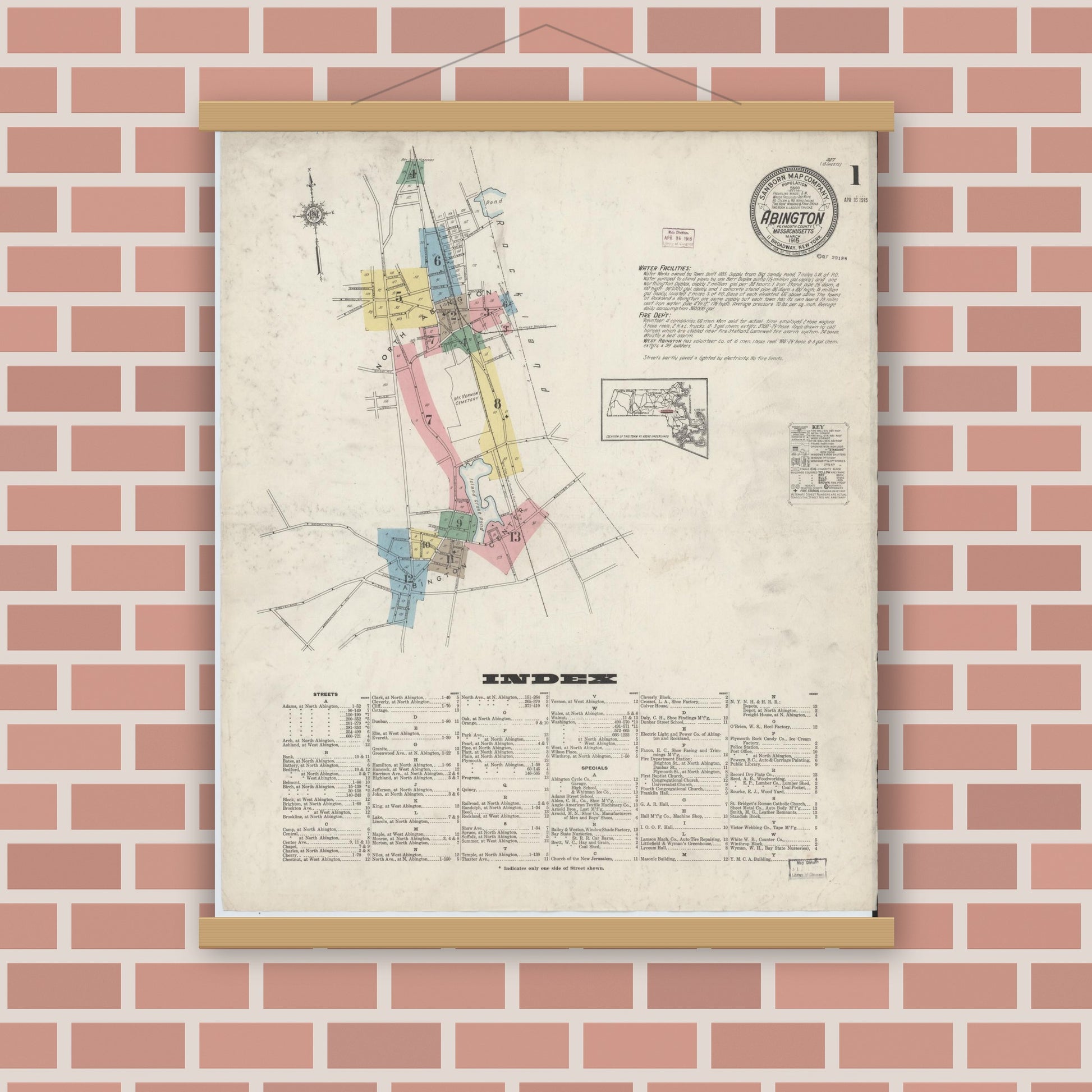 Old map wall art mockup — magnetic wood frame on brick wall — Sanborn Fire Insurance Map from Abington, Plymouth County, Massachusetts (1915) - Complete Map Set