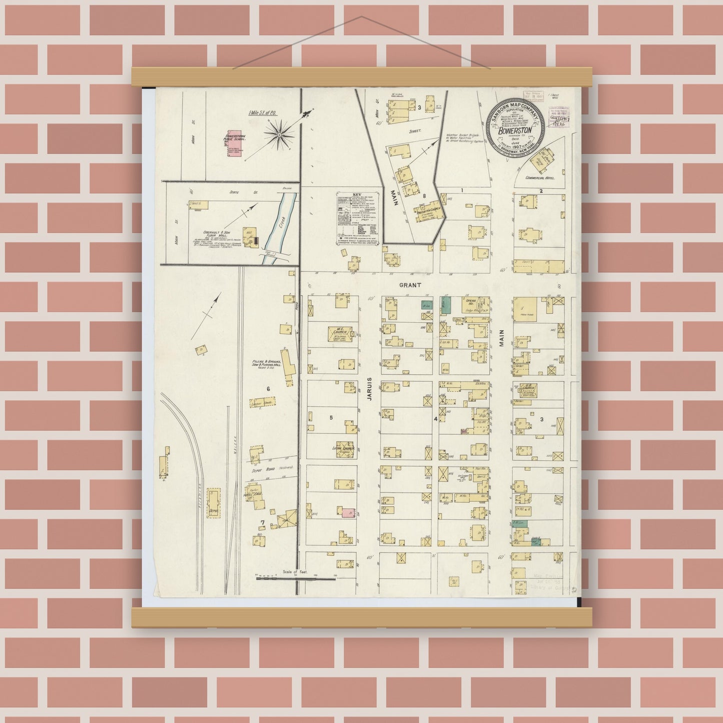 Old map wall art mockup — magnetic wood frame on brick wall — Sanborn Fire Insurance Map from Bowerston, Harrison County, Ohio (1907), Sheet #0001
