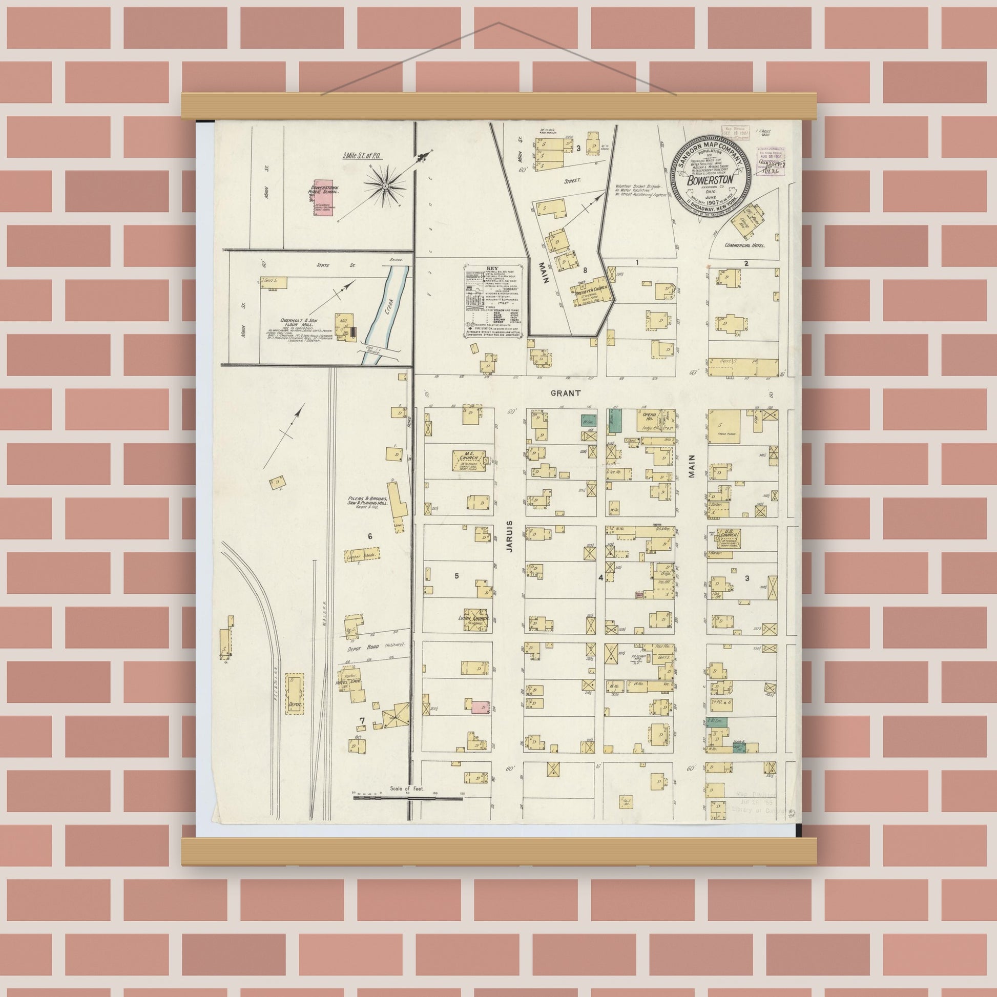 Old map wall art mockup — magnetic wood frame on brick wall — Sanborn Fire Insurance Map from Bowerston, Harrison County, Ohio (1907), Sheet #0001