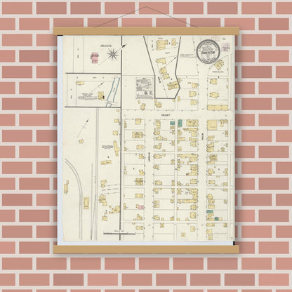 Old map wall art mockup — magnetic wood frame on brick wall — Sanborn Fire Insurance Map from Bowerston, Harrison County, Ohio (1907), Sheet #0001