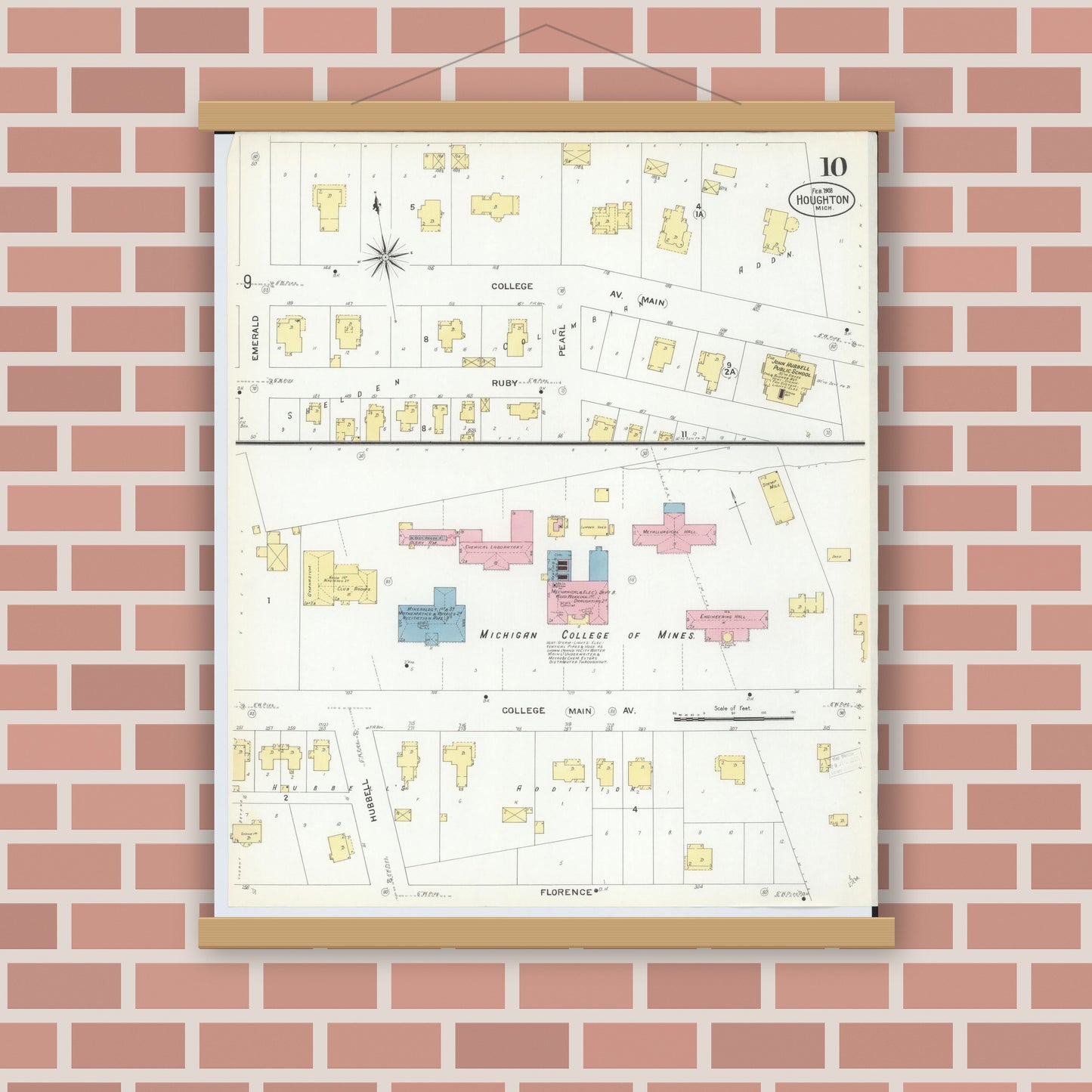 Old map wall art mockup — magnetic wood frame on brick wall — Sanborn Fire Insurance Map from Houghton, Houghton County, Michigan (1908), Sheet #0010