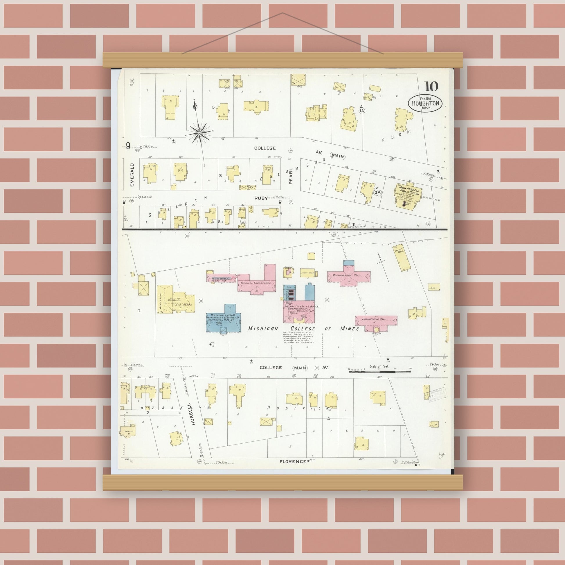 Old map wall art mockup — magnetic wood frame on brick wall — Sanborn Fire Insurance Map from Houghton, Houghton County, Michigan (1908), Sheet #0010