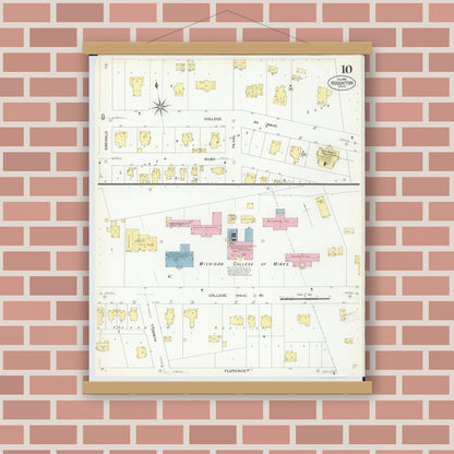 Old map wall art mockup — magnetic wood frame on brick wall — Sanborn Fire Insurance Map from Houghton, Houghton County, Michigan (1908), Sheet #0010