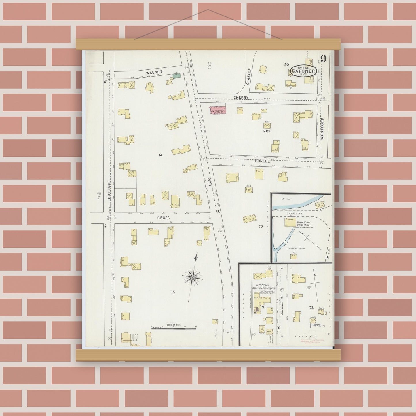 Old map wall art mockup — magnetic wood frame on brick wall — Sanborn Fire Insurance Map from Gardner, Worcester County, Massachusetts (1895), Sheet #0009