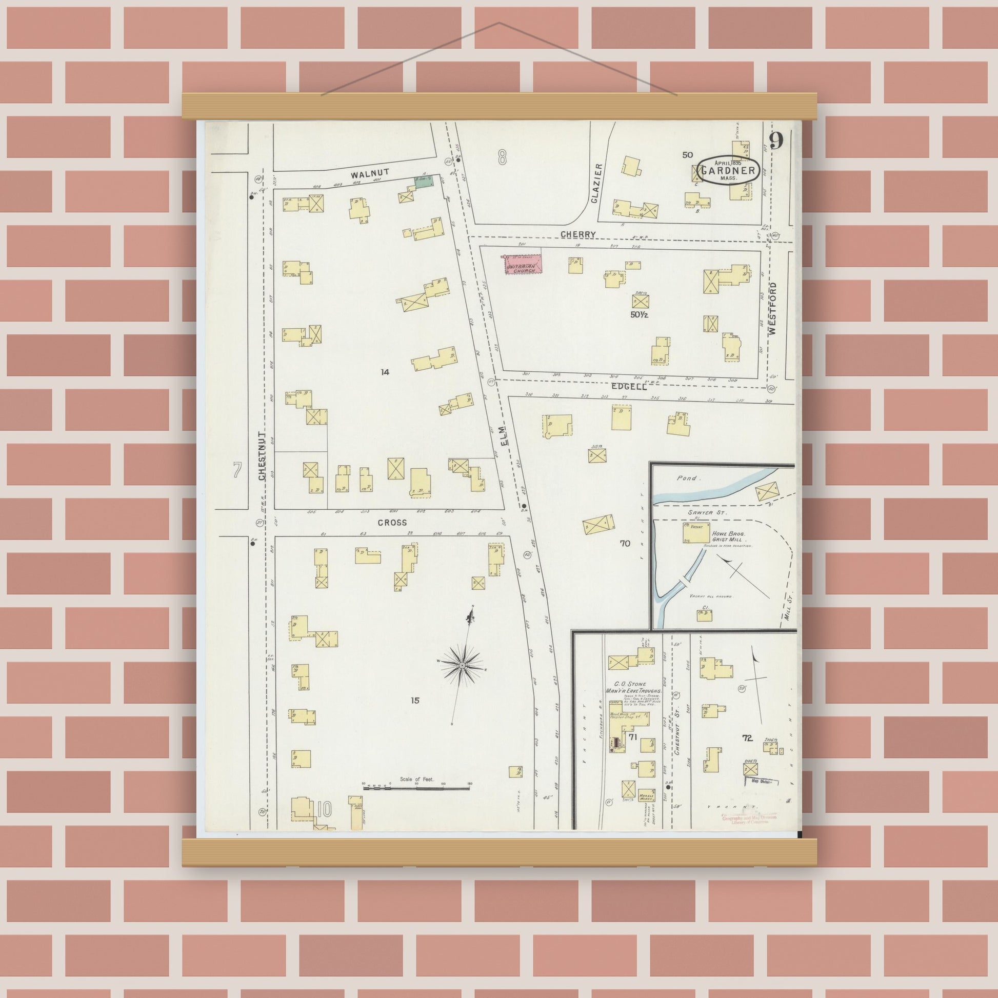 Old map wall art mockup — magnetic wood frame on brick wall — Sanborn Fire Insurance Map from Gardner, Worcester County, Massachusetts (1895), Sheet #0009