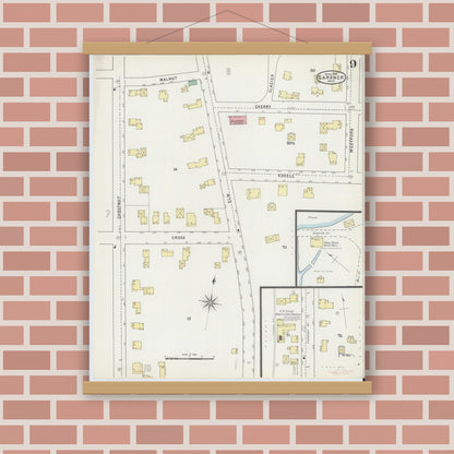 Old map wall art mockup — magnetic wood frame on brick wall — Sanborn Fire Insurance Map from Gardner, Worcester County, Massachusetts (1895), Sheet #0009