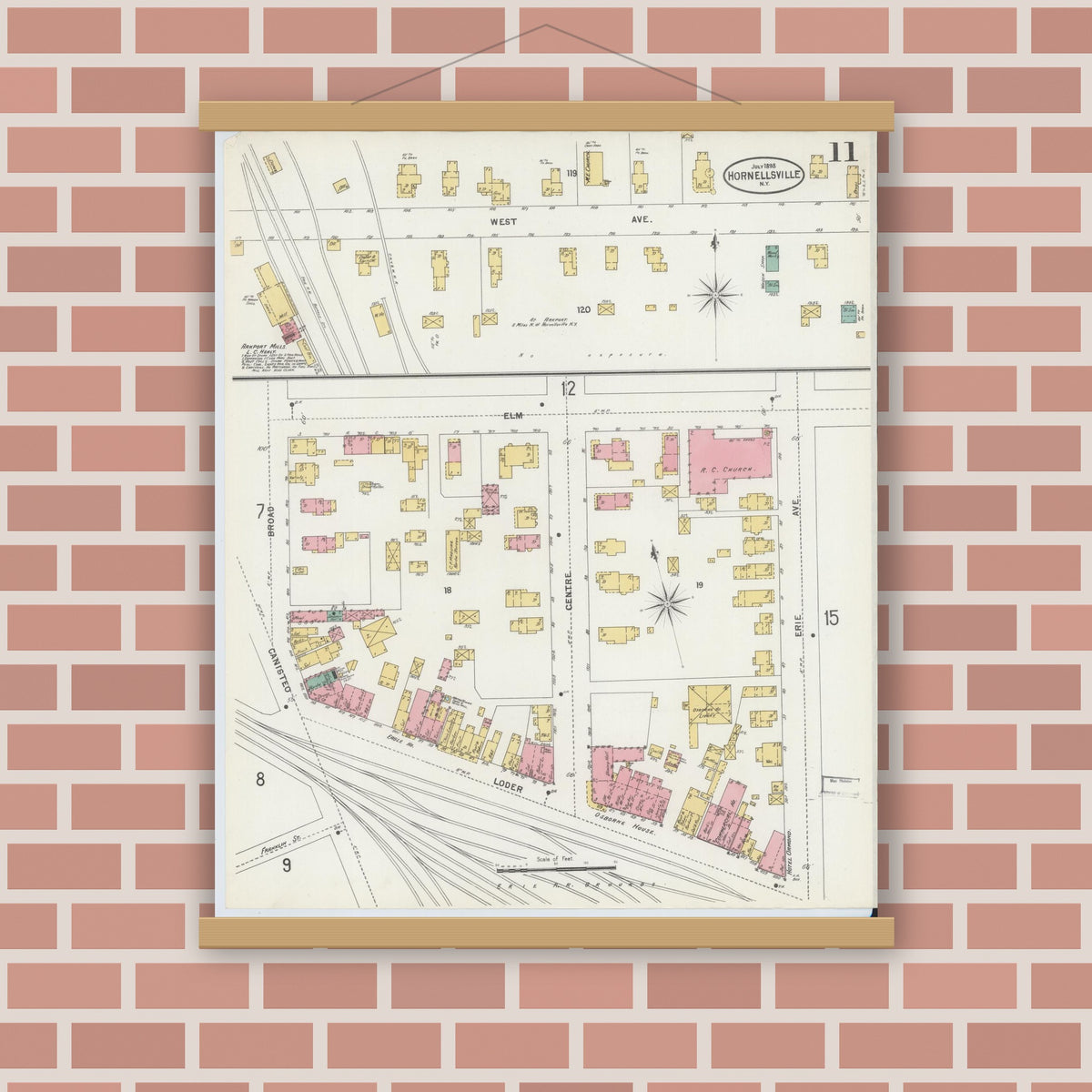 Old map wall art mockup — magnetic wood frame on brick wall — Sanborn Fire Insurance Map from Hornell, Steuben County, New York (1898), Sheet #0011