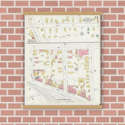Old map wall art mockup — magnetic wood frame on brick wall — Sanborn Fire Insurance Map from Hornell, Steuben County, New York (1898), Sheet #0011