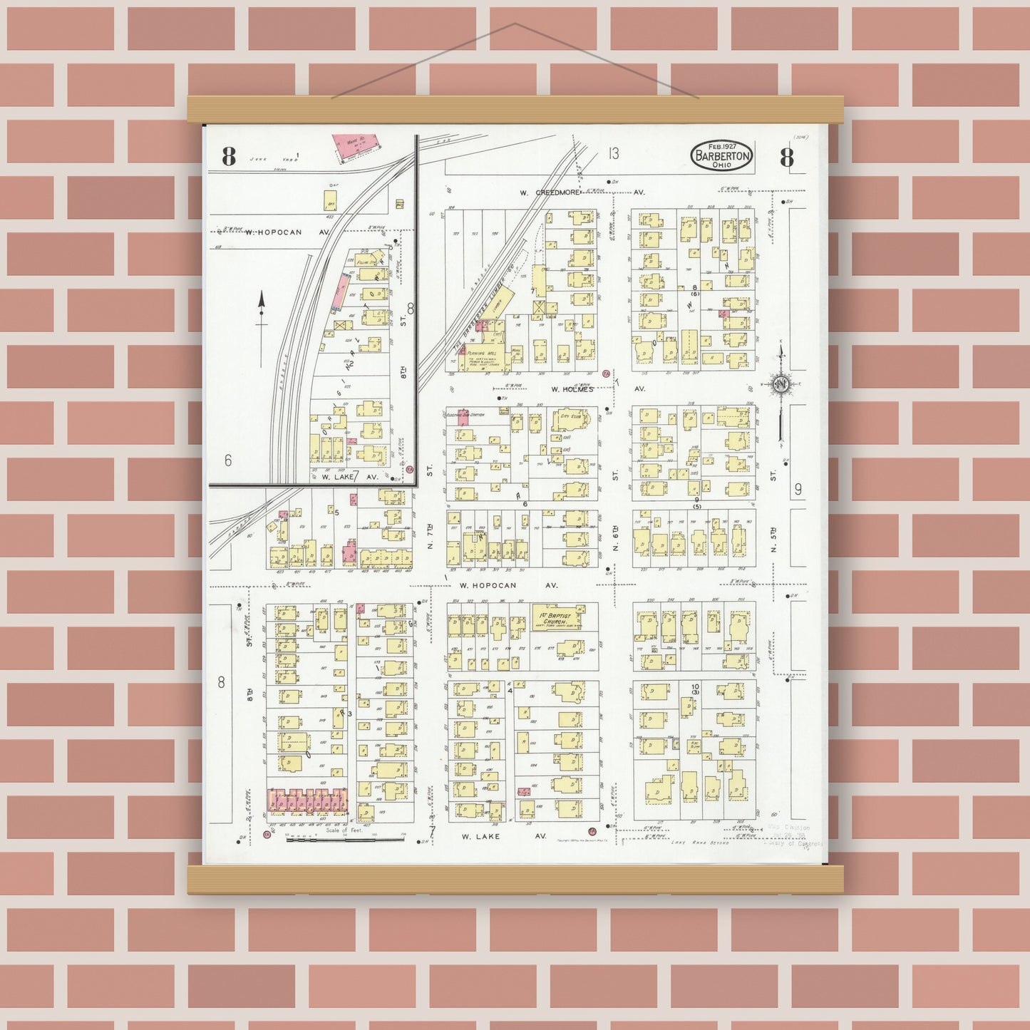 Old map wall art mockup — magnetic wood frame on brick wall — Sanborn Fire Insurance Map from Barberton, Summit County, Ohio (1927), Sheet #0008