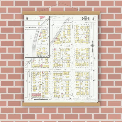 Old map wall art mockup — magnetic wood frame on brick wall — Sanborn Fire Insurance Map from Barberton, Summit County, Ohio (1927), Sheet #0008