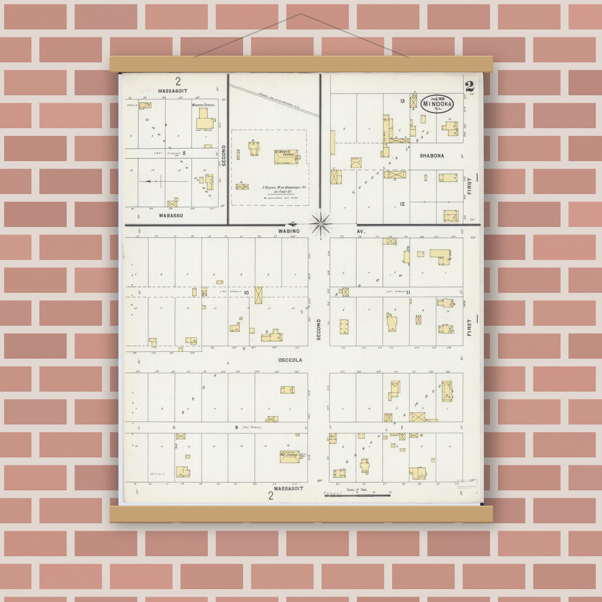 Old map wall art mockup — magnetic wood frame on brick wall — Sanborn Fire Insurance Map from Minooka, Grundy County, Illinois (1898), Sheet #0002