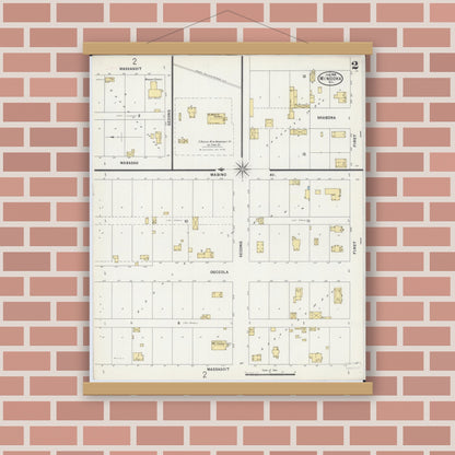 Old map wall art mockup — magnetic wood frame on brick wall — Sanborn Fire Insurance Map from Minooka, Grundy County, Illinois (1898), Sheet #0002