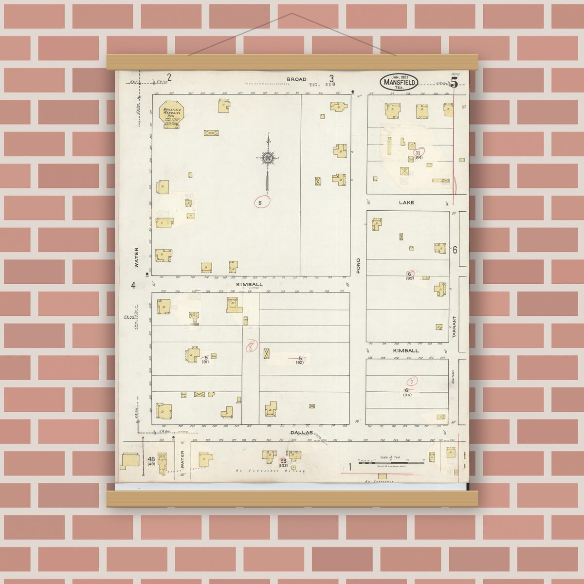 Old map wall art mockup — magnetic wood frame on brick wall — Sanborn Fire Insurance Map from Mansfield, Tarrant County, Texas (1933), Sheet #0005