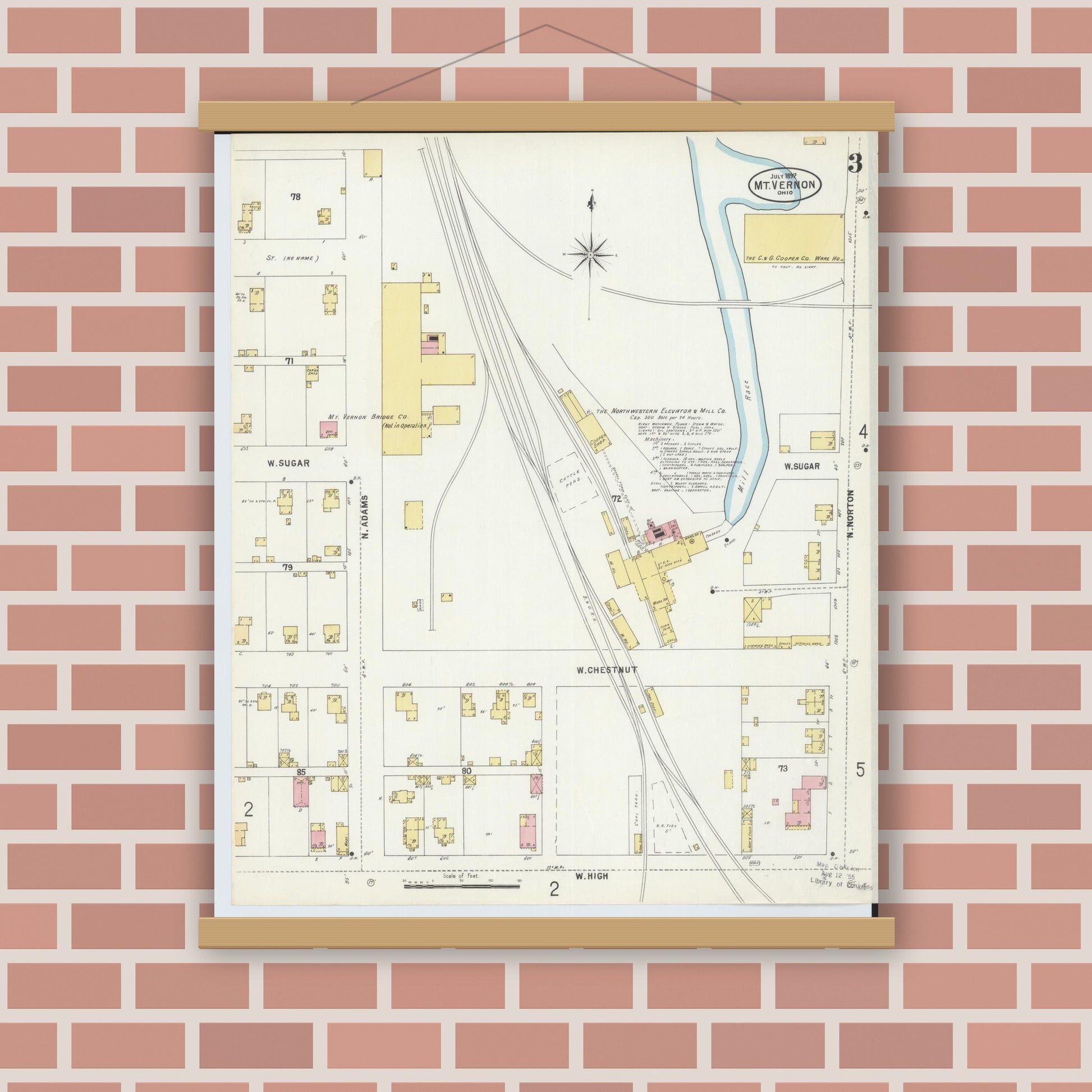 Old map wall art mockup — magnetic wood frame on brick wall — Sanborn Fire Insurance Map from Mount Vernon, Knox County, Ohio (1897), Sheet #0003