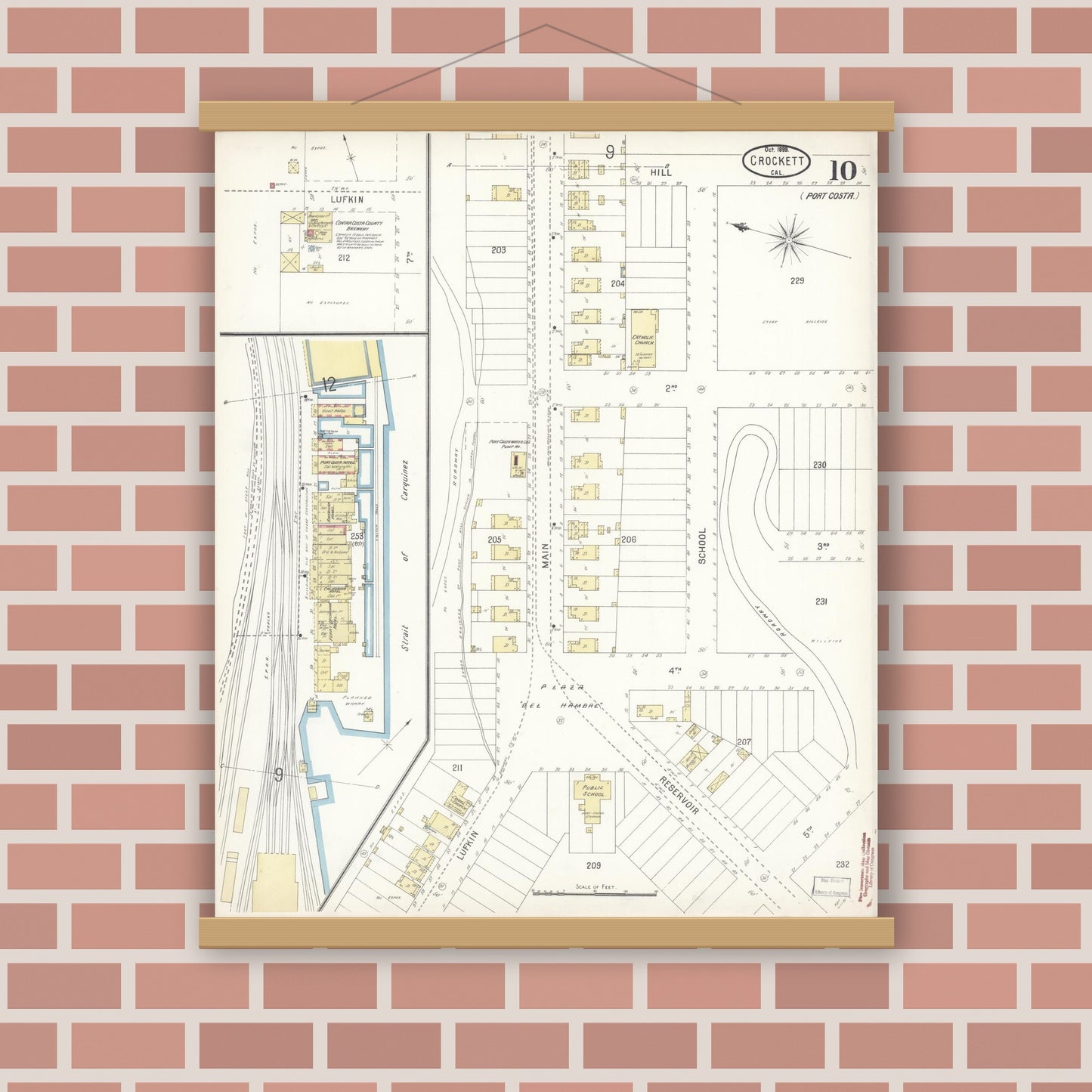 Old map wall art mockup — magnetic wood frame on brick wall — Sanborn Fire Insurance Map from Crockett, Contra Costa County, California (1899), Sheet #0010