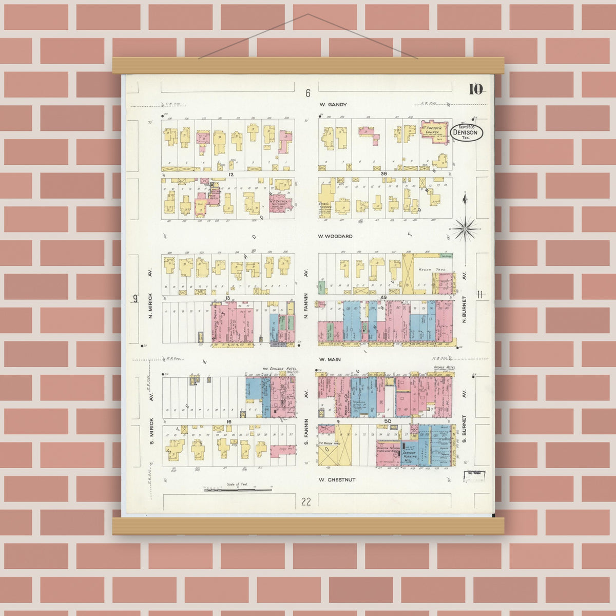Old map wall art mockup — magnetic wood frame on brick wall — Sanborn Fire Insurance Map from Denison, Grayson County, Texas (1908), Sheet #0010