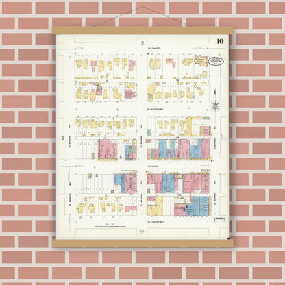 Old map wall art mockup — magnetic wood frame on brick wall — Sanborn Fire Insurance Map from Denison, Grayson County, Texas (1908), Sheet #0010