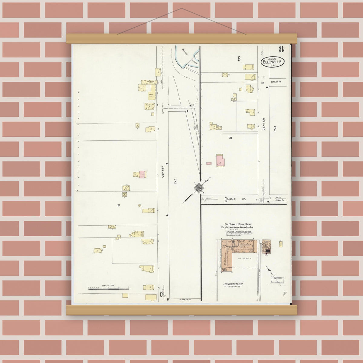 Old map wall art mockup — magnetic wood frame on brick wall — Sanborn Fire Insurance Map from Ellenville, Ulster County, New York (1910), Sheet #0008