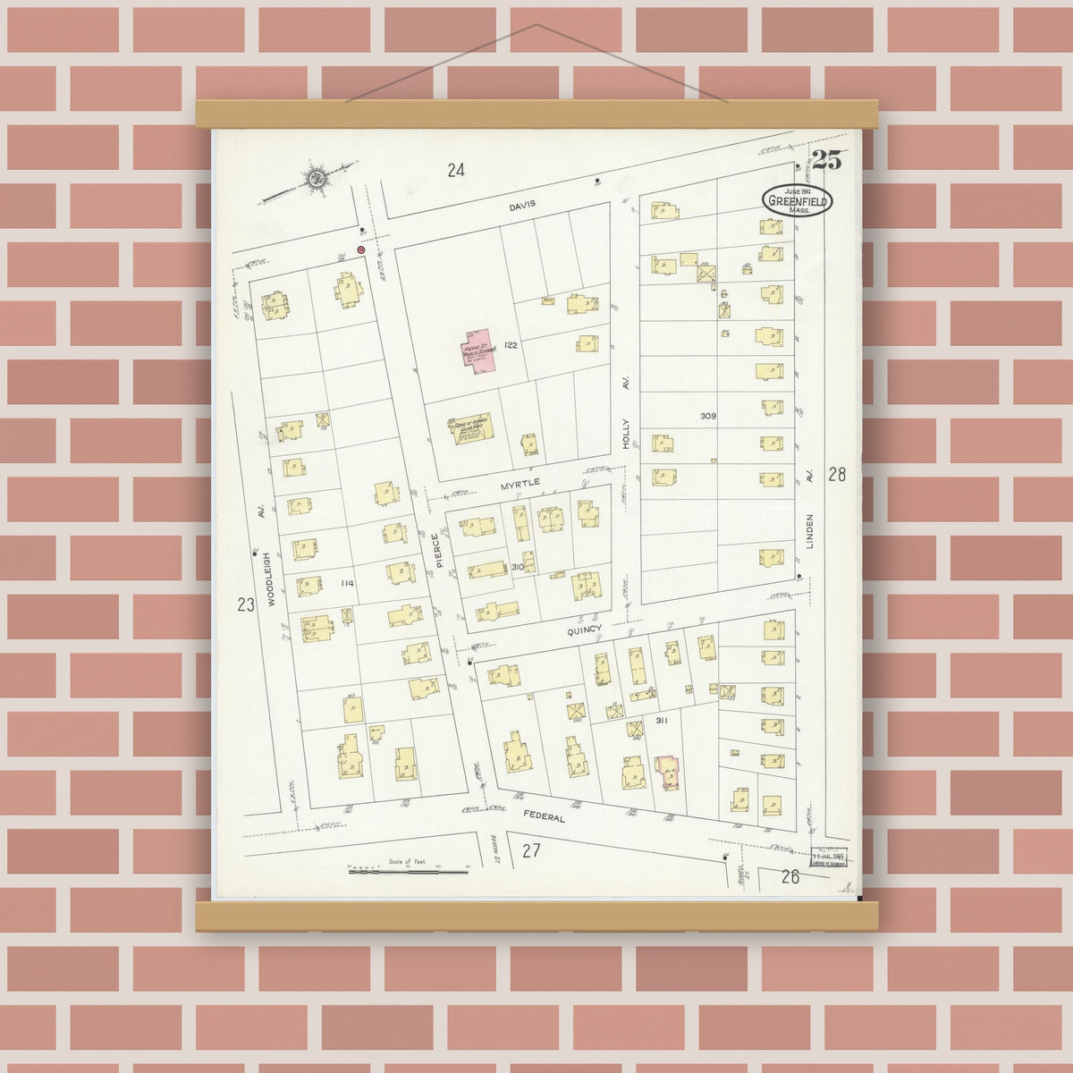 Old map wall art mockup — magnetic wood frame on brick wall — Sanborn Fire Insurance Map from Greenfield, Franklin County, Massachusetts (1914), Sheet #0025