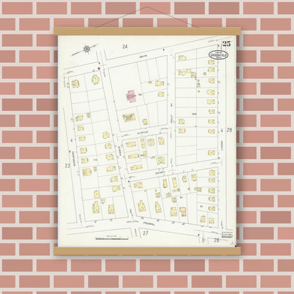 Old map wall art mockup — magnetic wood frame on brick wall — Sanborn Fire Insurance Map from Greenfield, Franklin County, Massachusetts (1914), Sheet #0025