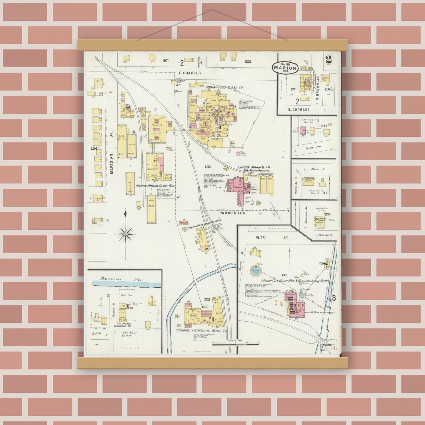 Old map wall art mockup — magnetic wood frame on brick wall — Sanborn Fire Insurance Map from Marion, Grant County, Indiana (1896), Sheet #0002