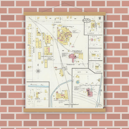 Old map wall art mockup — magnetic wood frame on brick wall — Sanborn Fire Insurance Map from Marion, Grant County, Indiana (1896), Sheet #0002