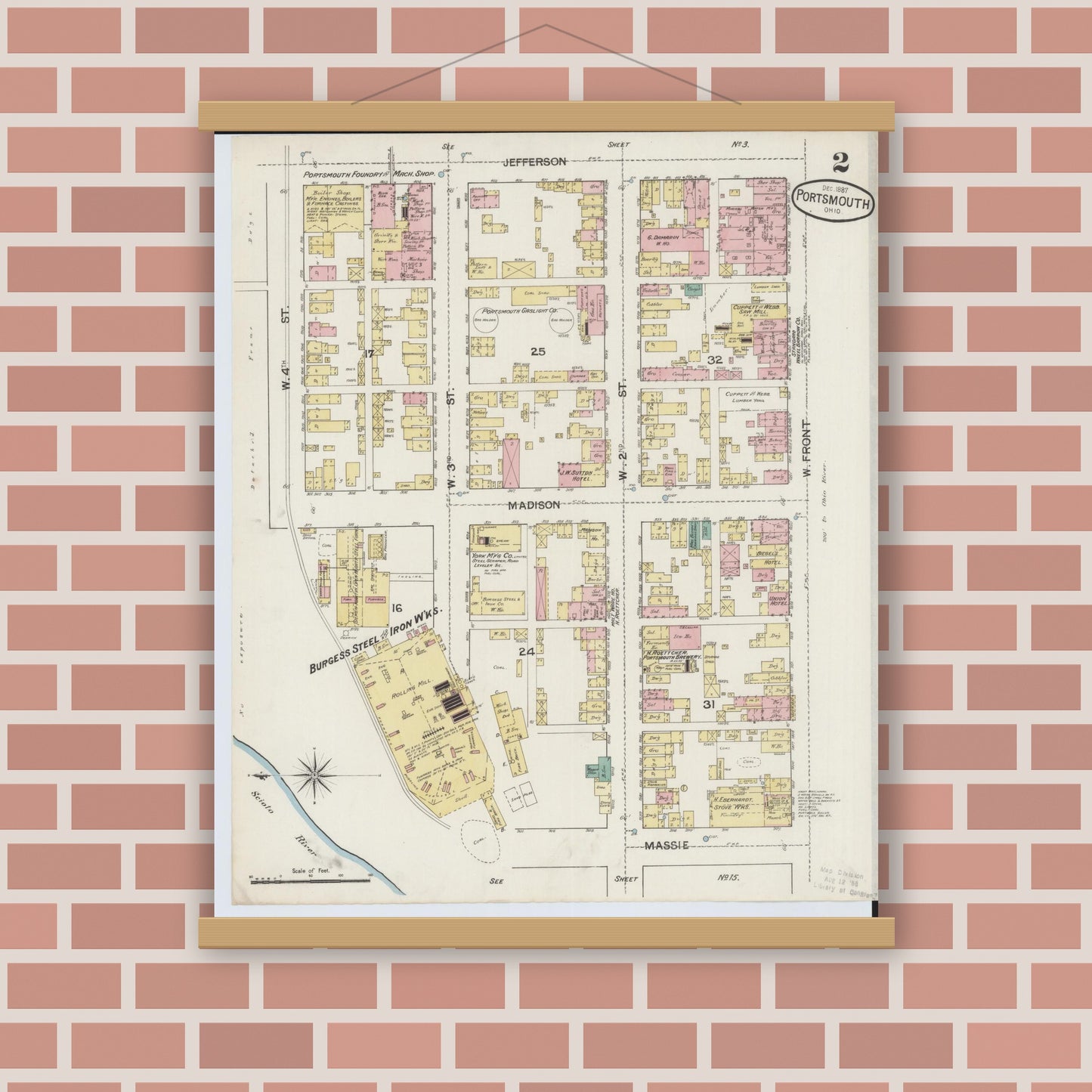 Old map wall art mockup — magnetic wood frame on brick wall — Sanborn Fire Insurance Map from Portsmouth, Scioto County, Ohio (1887), Sheet #0002